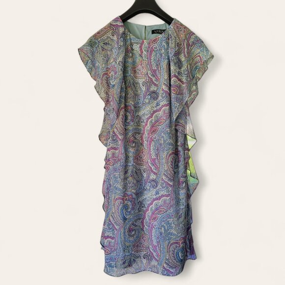 Ralph Lauren Paisley Print Black Label Ruffle Flutter Sleeve Dress Women 10 Blue - Picture 4 of 13